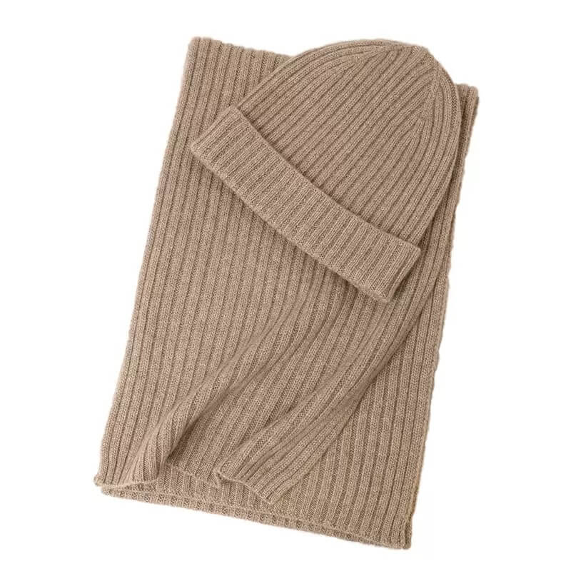 Women’s 100% Cashmere Ribbed Scarf and Hat Set in camel color 
