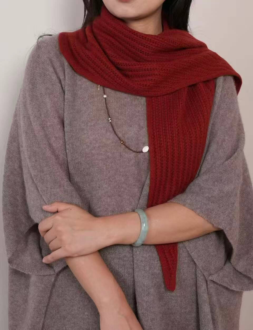 Women’s 100% Cashmere Triangle Scarf – Lightweight Openwork Knit