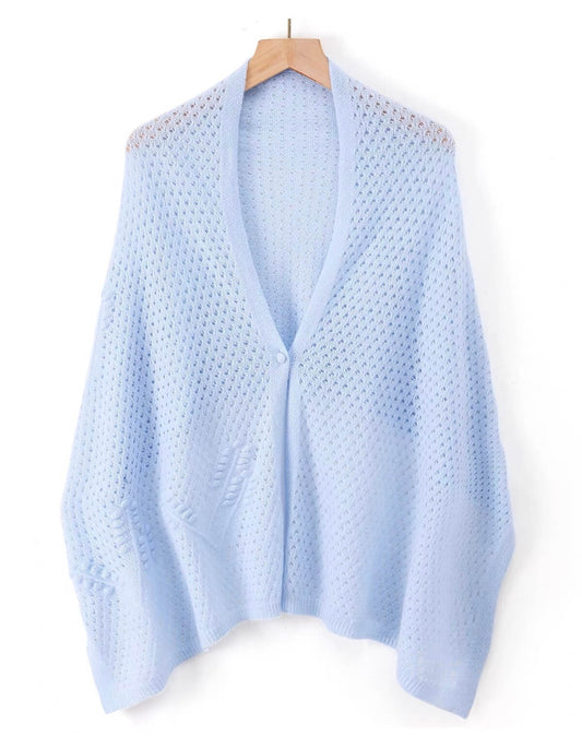 Women’s 100% cashmere openwork knit scarf and shawl in light blue 
