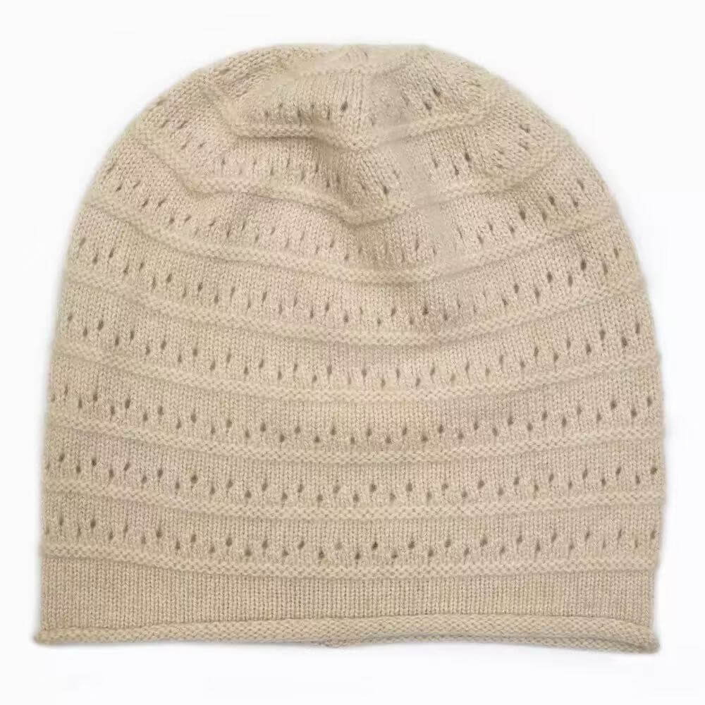 Women’s 100% cashmere pointelle stripe beanie in beige