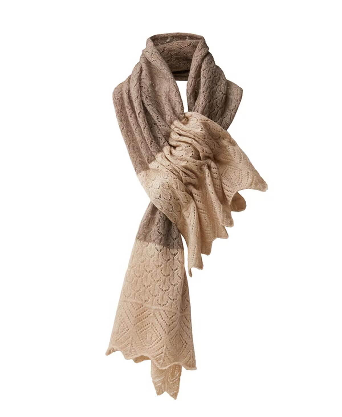 Close-up of beige/camel cashmere scarf highlighting intricate openwork knitting and soft two-tone color blending.