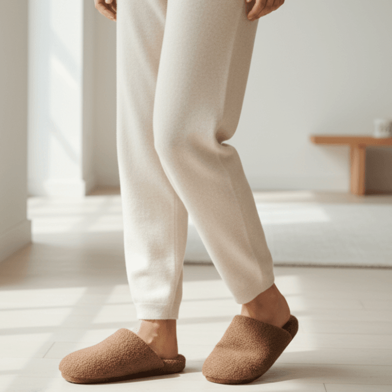 Women's 100% pure cashmere bouclé travel slippers in Teddy Brown with genuine leather sole