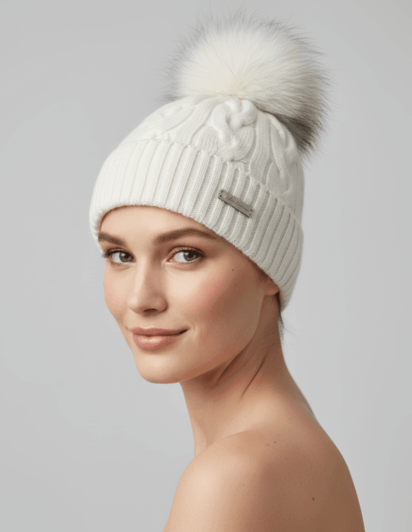 Women's 100% pure cashmere cable knit beanie in white, luxury soft winter hat crafted from premium Inner Mongolian cashmere for everyday warmth