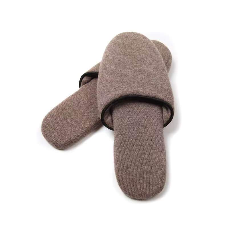 Women's 100% pure cashmere travel slippers with soft leather sole in camel for luxury home comfort