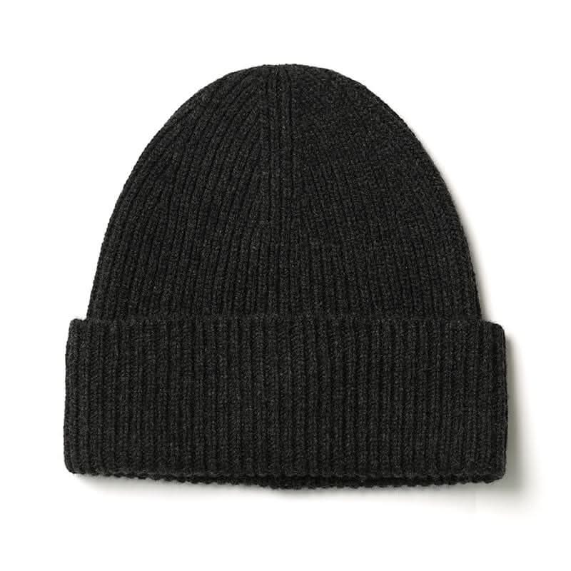Charcoal grey cashmere beanie with ribbed cuff ，Women’s Pure Cashmere Skull Cap with Ribbed Knit for Everyday Winter Comfort