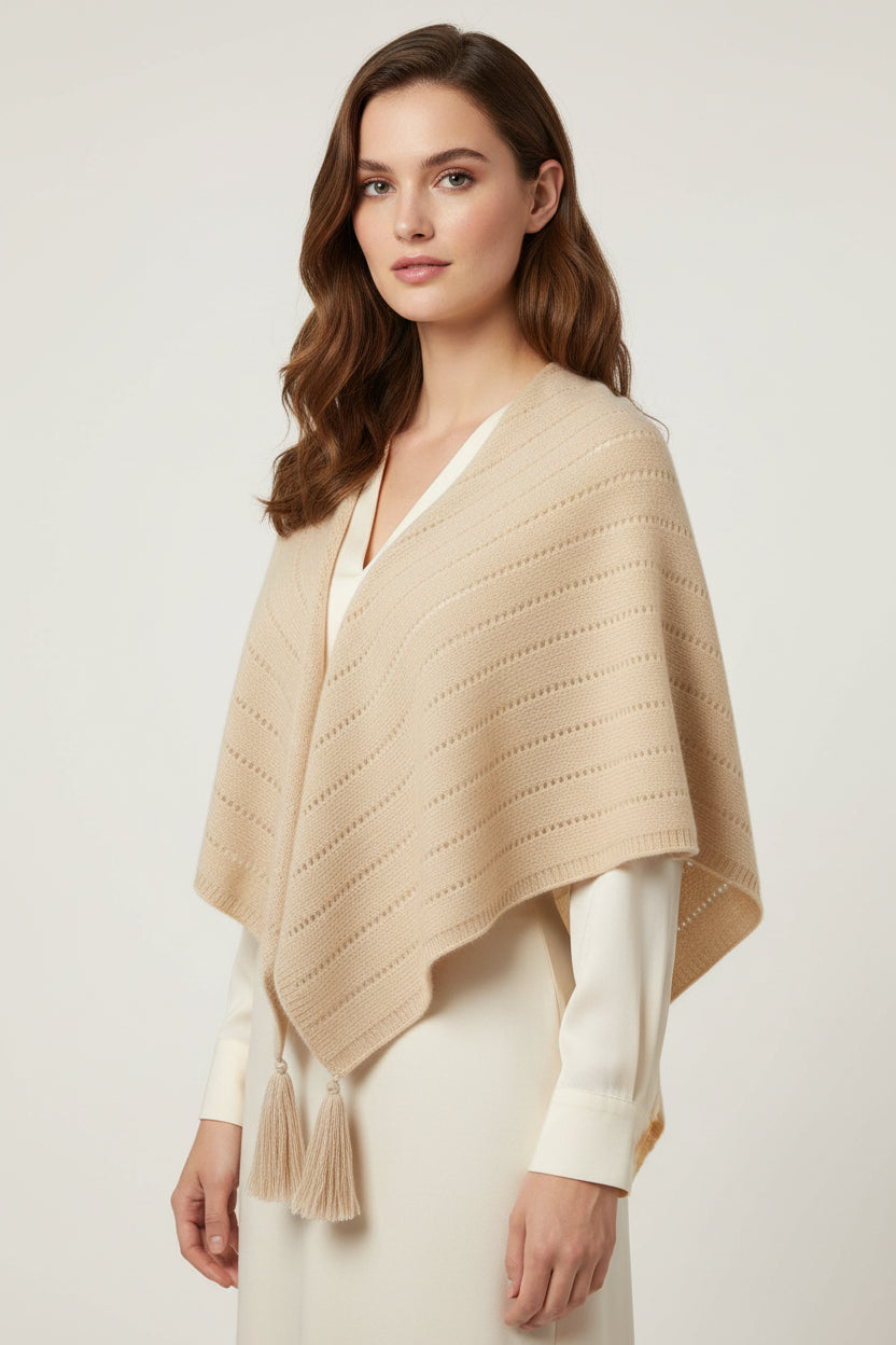 Women's beige 100% cashmere square scarf with openwork pattern and handcrafted fringe, 100×100cm