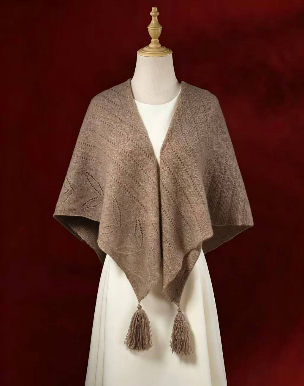Women's camel 100% cashmere openwork square scarf with handcrafted fringe, lightweight luxury winter wrap