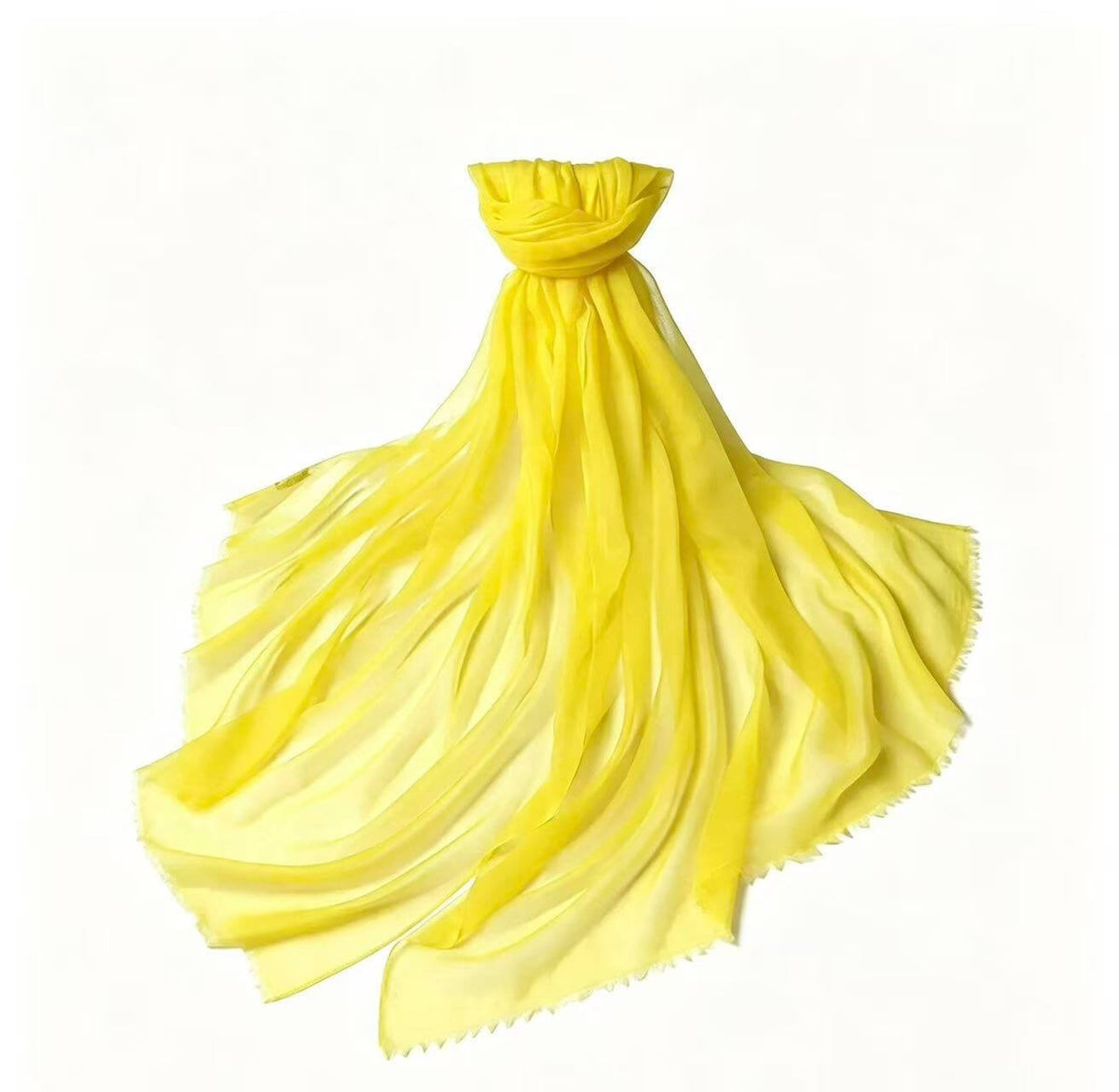 Women's featherweight 100% cashmere scarf and wrap in bright lemon yellow, featuring an airy sheer texture