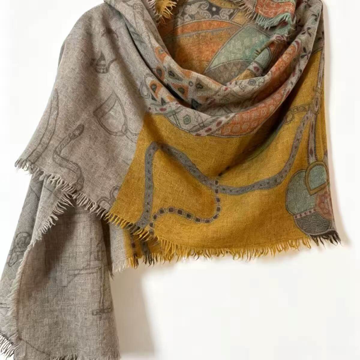 Women’s long cashmere scarf with artistic horse and chain print