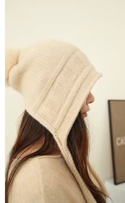 Designer cashmere pom pom hat made from Inner Mongolian cashmere