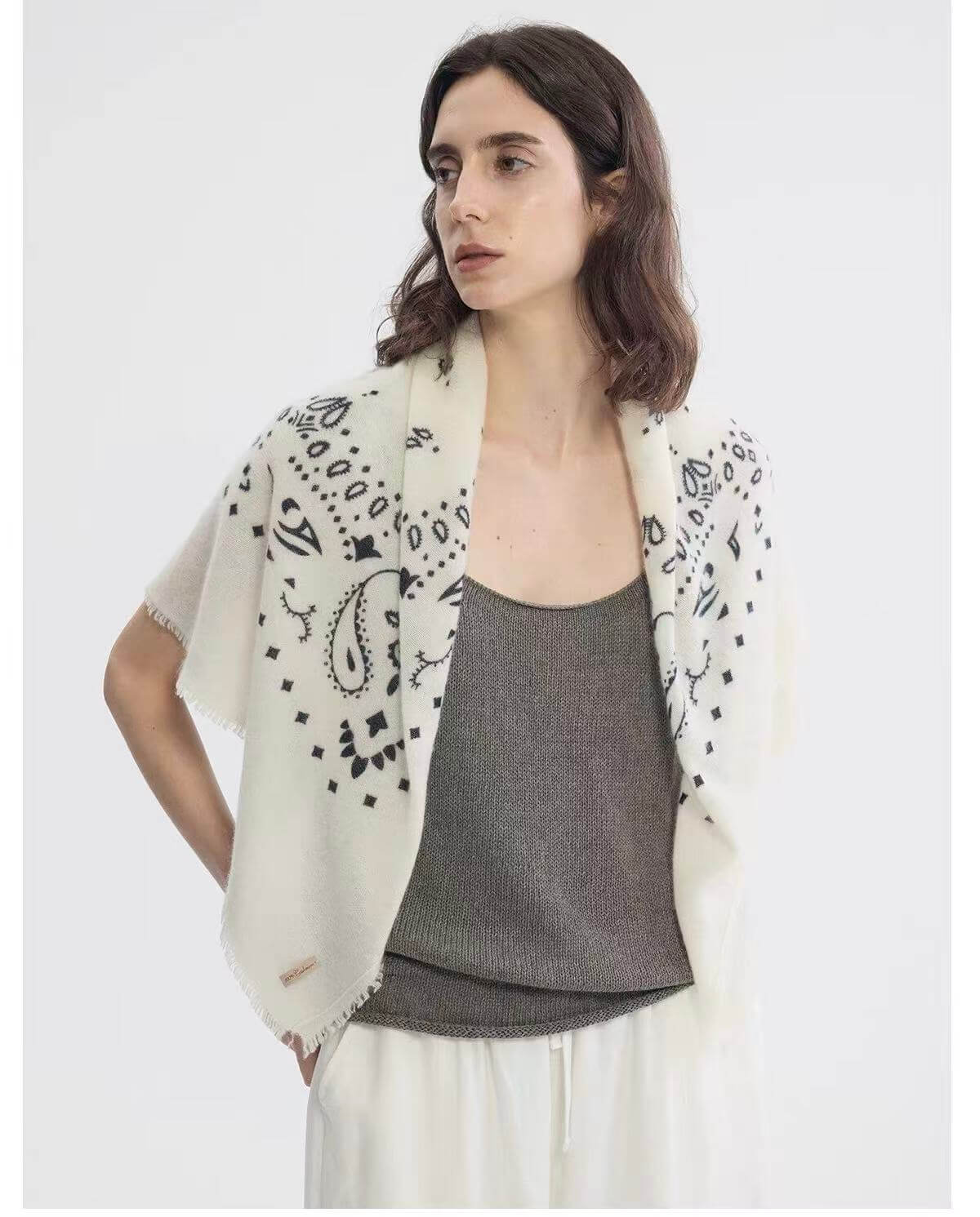 Women’s luxury pure cashmere square scarf with black paisley print
