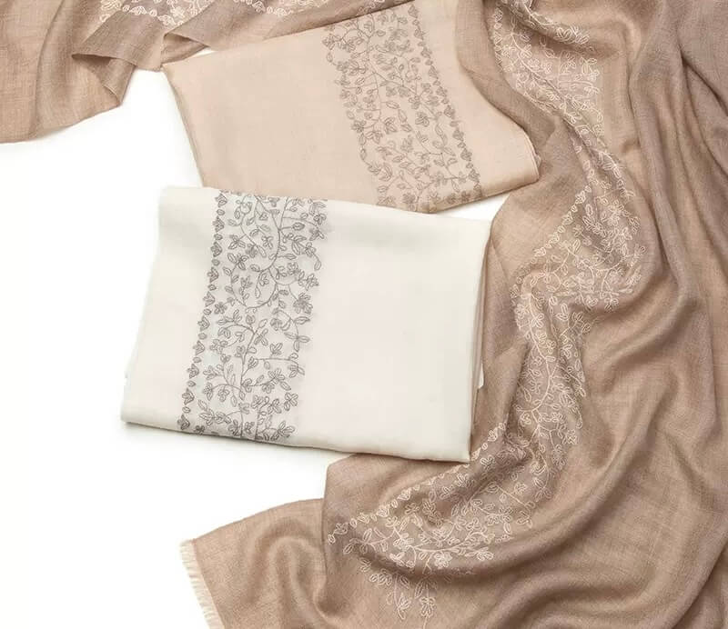 Women’s oatmeal beige cashmere embroidered shawl lightweight wrap
