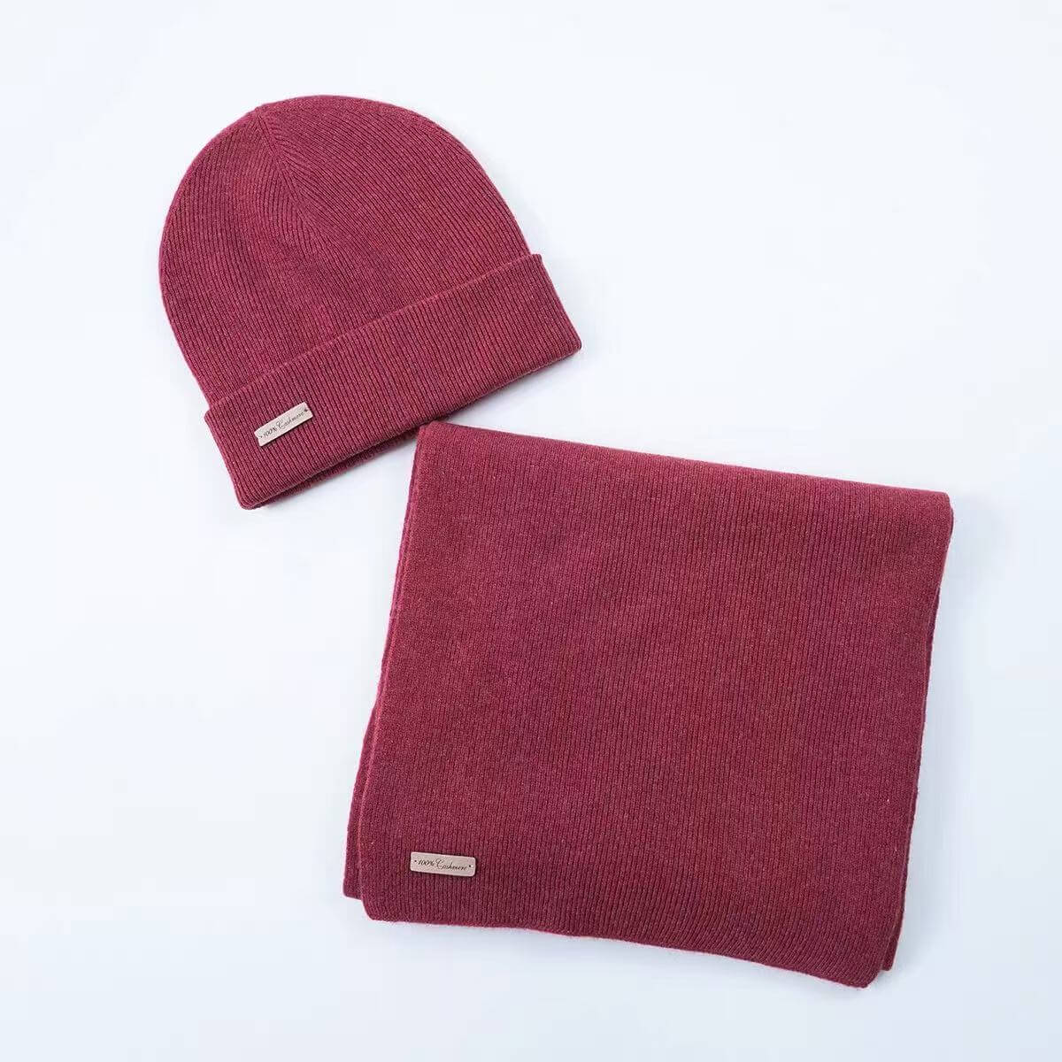 Women’s wine red 100% cashmere hat and scarf set
