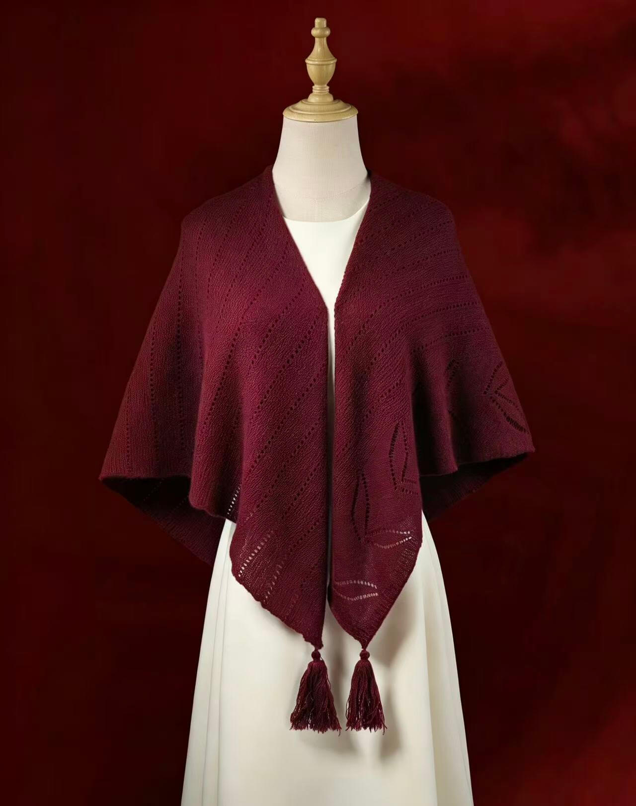 Women's wine red 100% cashmere square scarf with openwork weave and artisan fringe, Vinci Cashmere