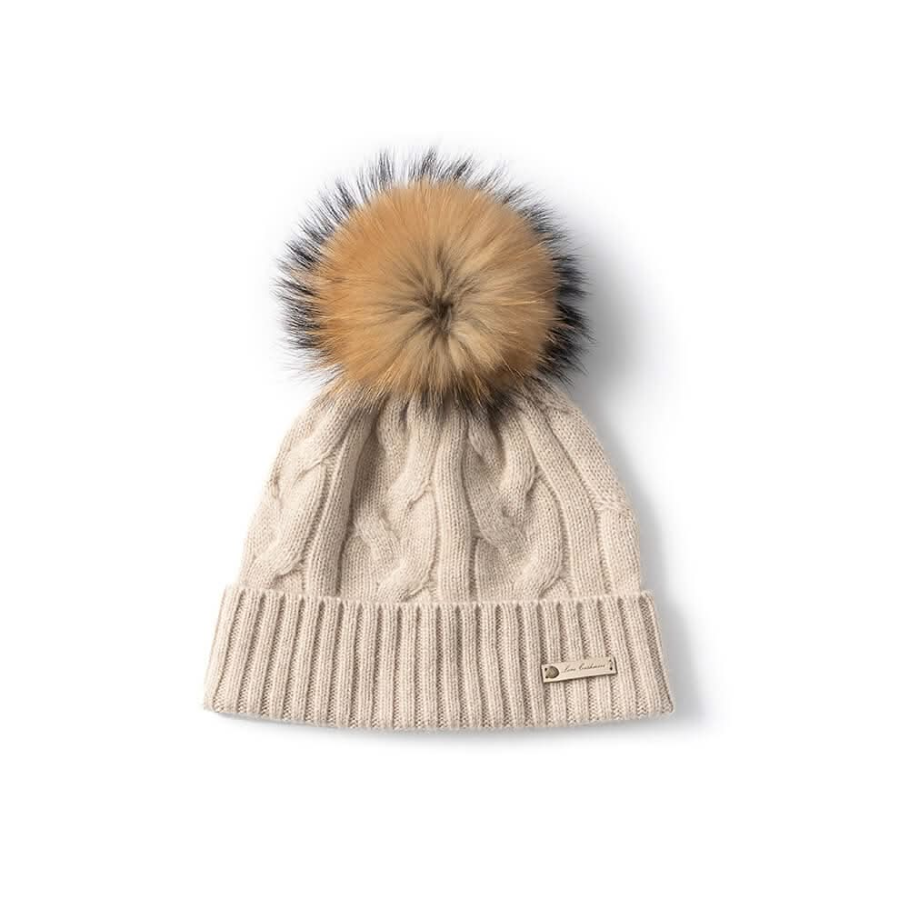 cashmere cable knitting beanie hats with pom pom in beige 