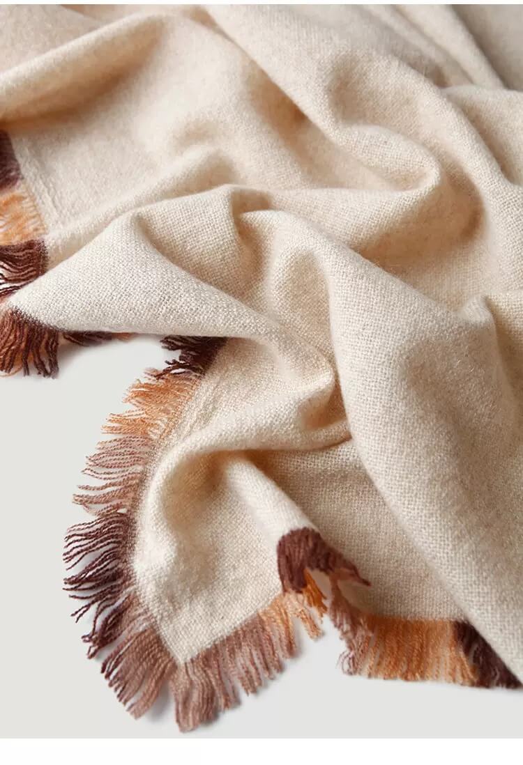 Beige Pure Cashmere Scarf with Color Fringe – Soft and Elegant Cashmere Shawl