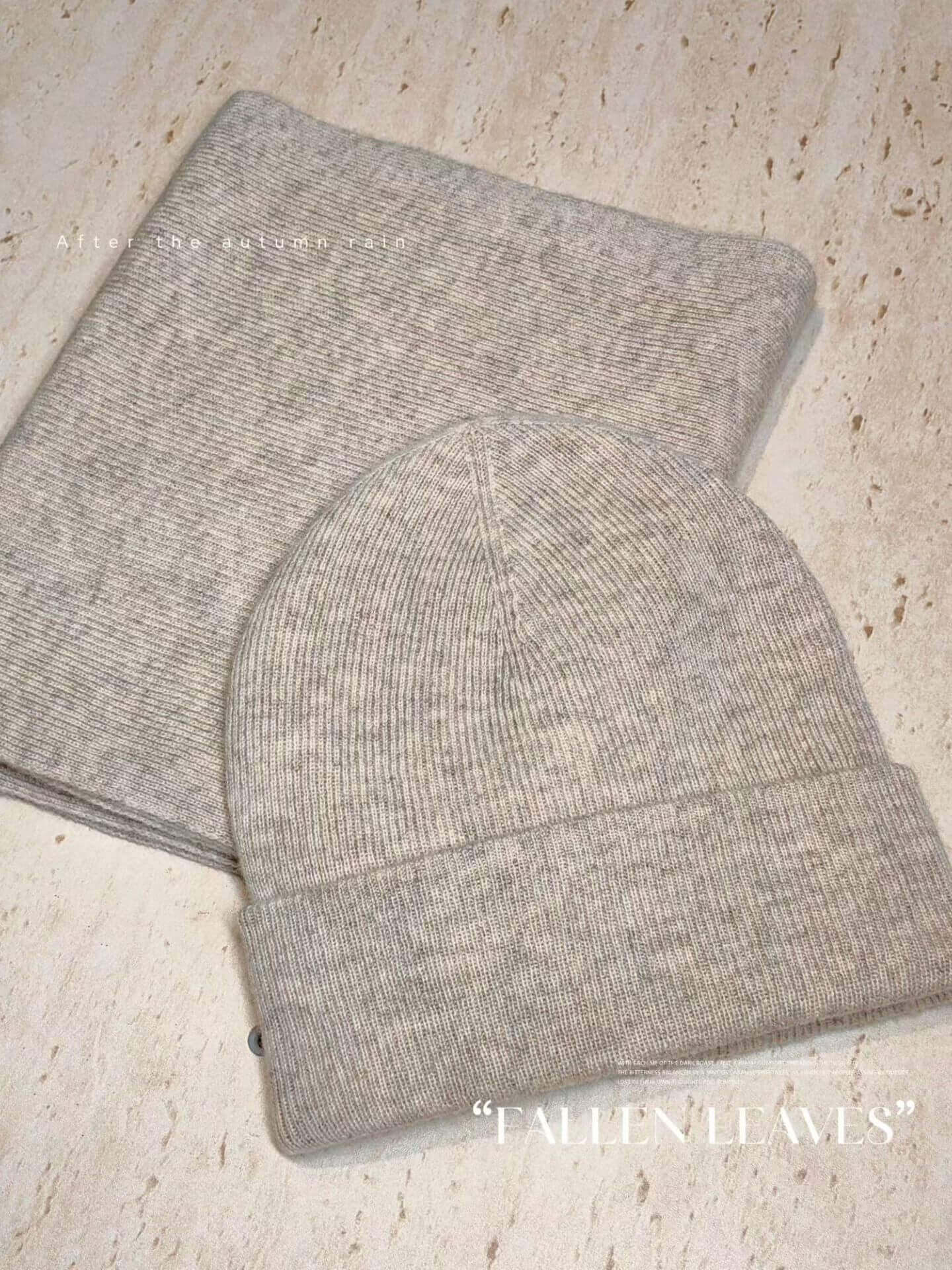 100% Cashmere Hat and Scarf Set Unisex Fine Rib Knit in light heather beige 