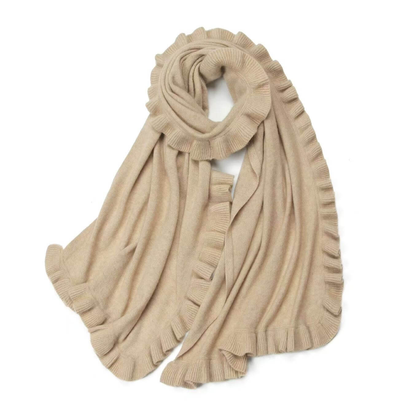 100% Cashmere Ruffle Knit Scarf – Soft, Warm and Elegant Winter Accessory in beige color