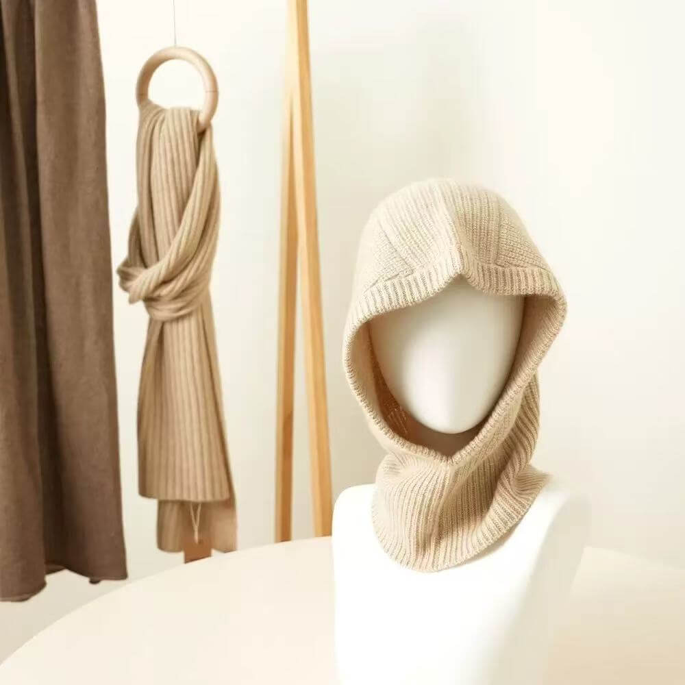 beige pure cashmere balaclava for women with full neck coverage