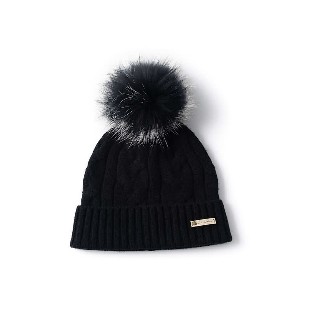 cashmere cable knitting beanie hats with pom pom in black 