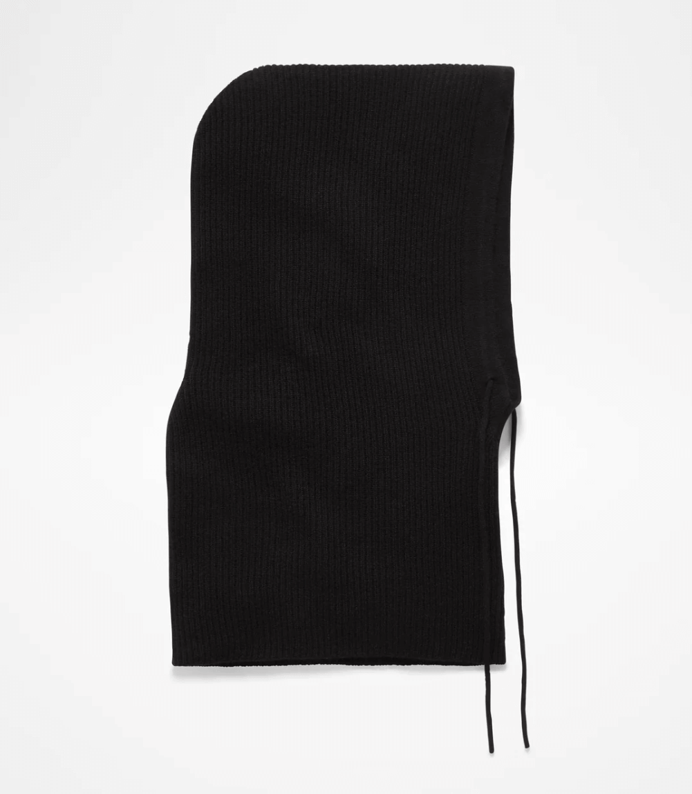 Luxury black cashmere rib-knit balaclava hood,	premium cashmere winter accessories