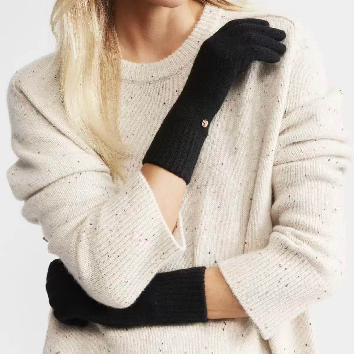 Women's 100% cashmere knit winter gloves in black 