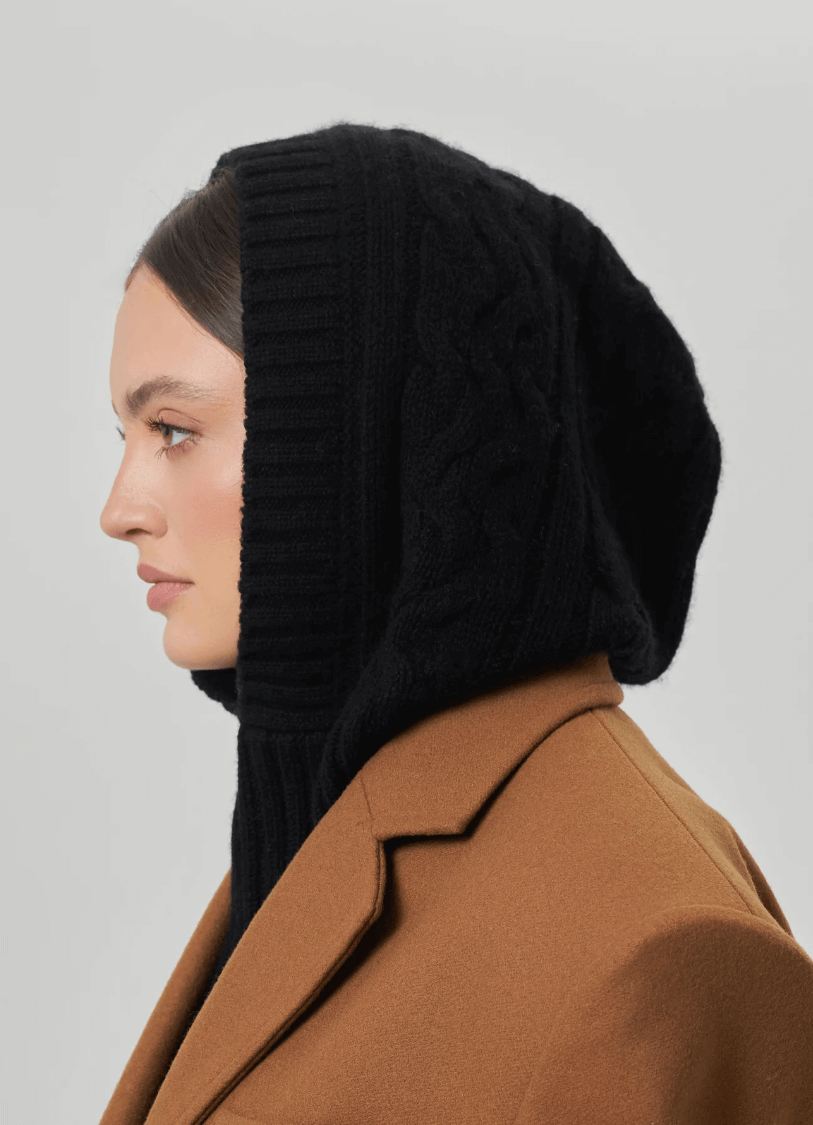	100% cashmere cable-knit balaclava hat in black,100% cashmere hooded neck warmer