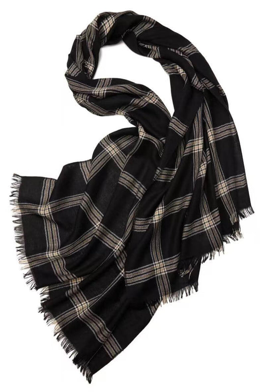 100% Cashmere Double-Sided Scarf – Navy Blue Stripes Black Plaid, Thick Woven Winter Shawl
