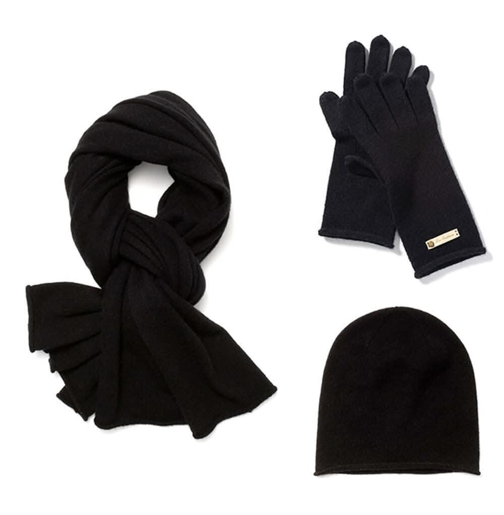 women's cashmere gift hat, glove,Women's cashmere gift set in black Classic black 100% cashmere winter set — soft knit beanie, scarf, and gloves for cold-weather comfort.