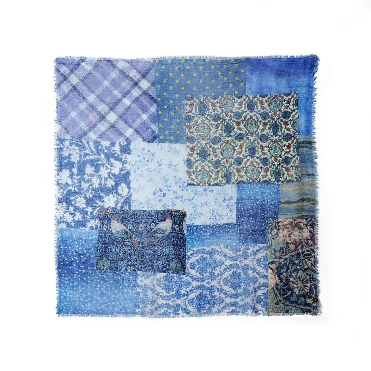 blue paisley floral patchwork cashmere square scarf