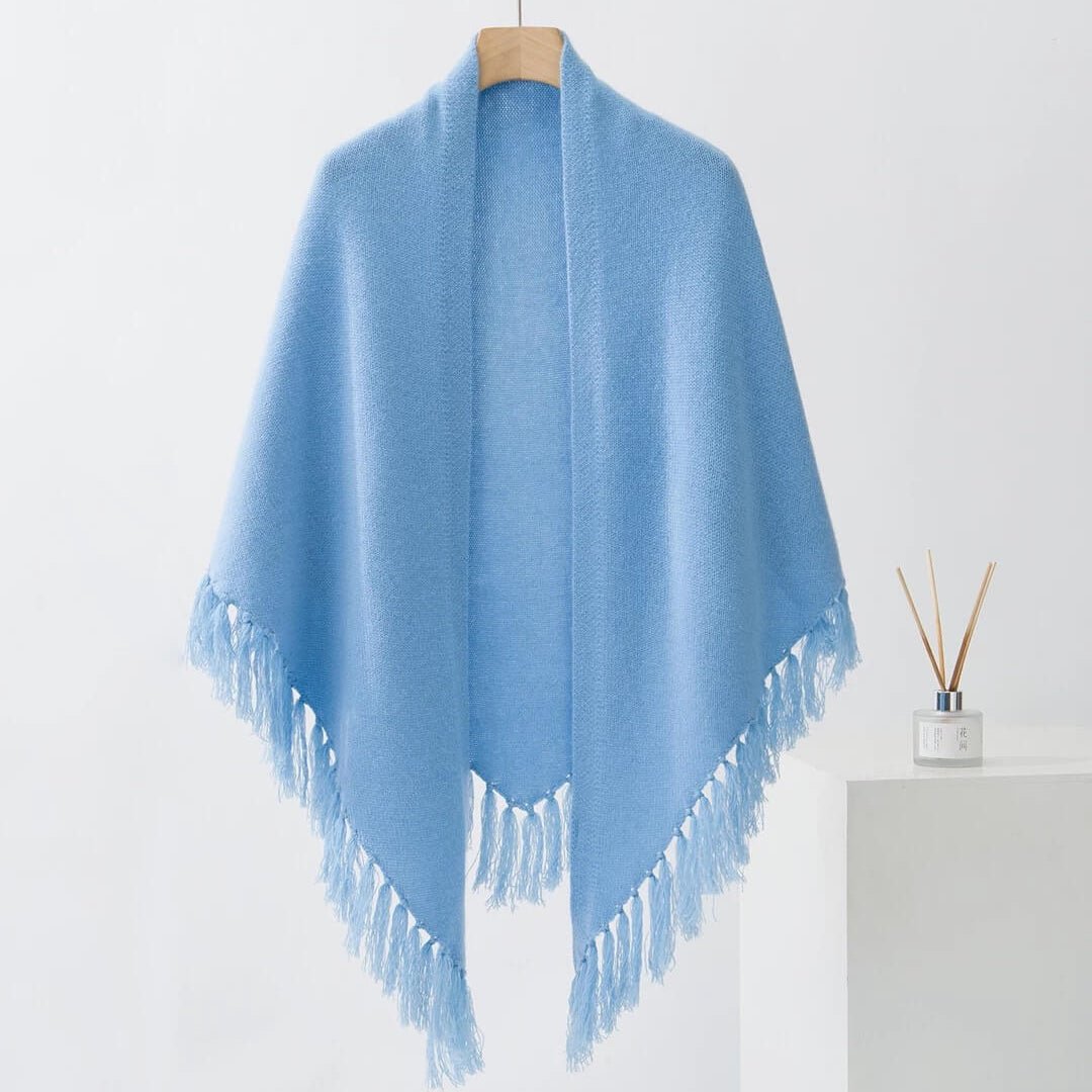 Women’s Chunky Fringe Triangle Cashmere Scarf in blue color 