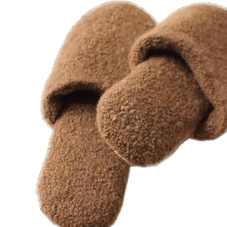 Women's luxury cashmere house slippers with plush bouclé texture for cozy indoor comfort