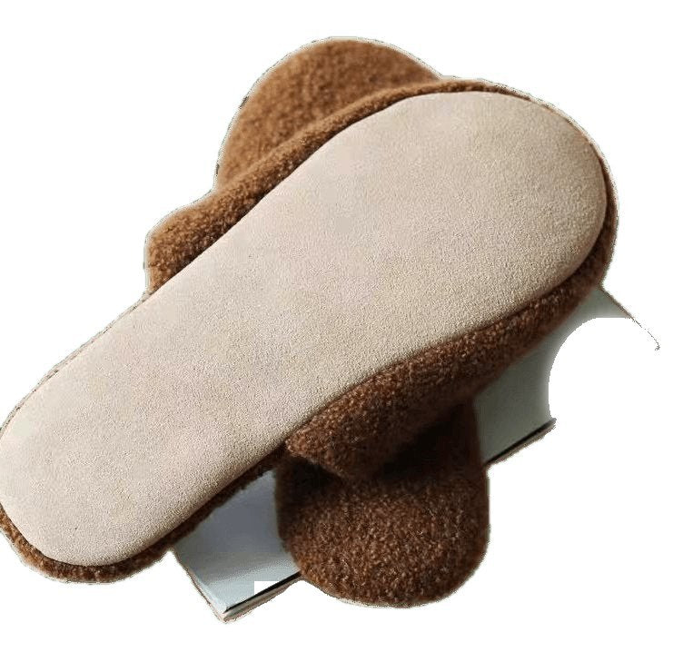 Premium women's cashmere slippers with genuine leather sole in elegant Teddy Brown
