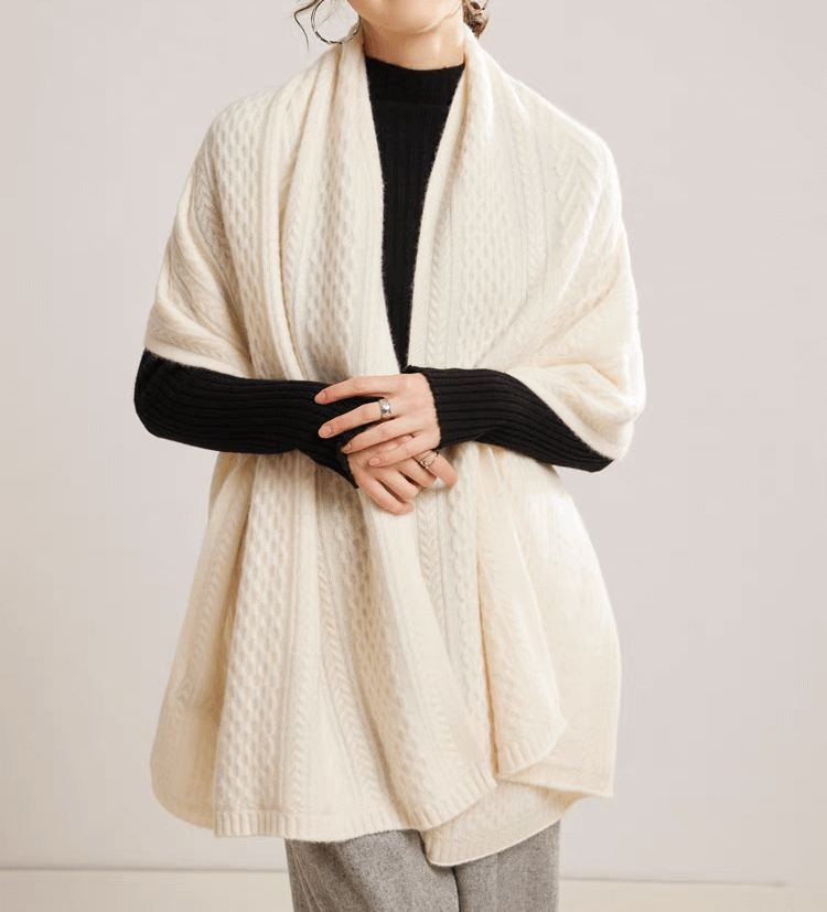 Luxury 100% cashmere cable knit shawl scarf in cream and beige, best cashmere shawl for wife anniversary gift,Fine-knit white cashmere scarf to drape over a bridal dress