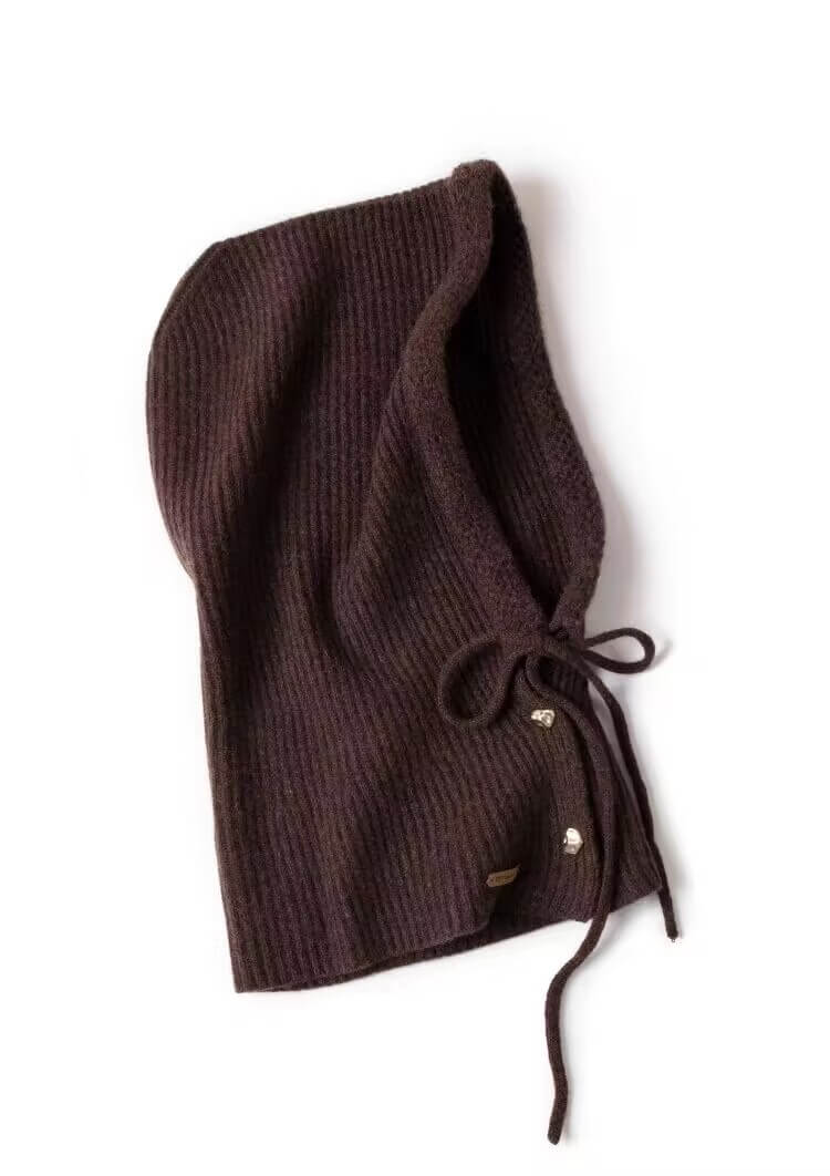 Women’s 100% Cashmere Ribbed Hoodie Balaclava with Gold Buckles in brown