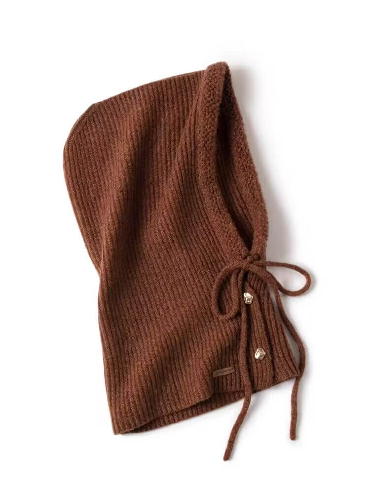 Women’s 100% Cashmere Ribbed Hoodie Balaclava with Gold Buckles in brown