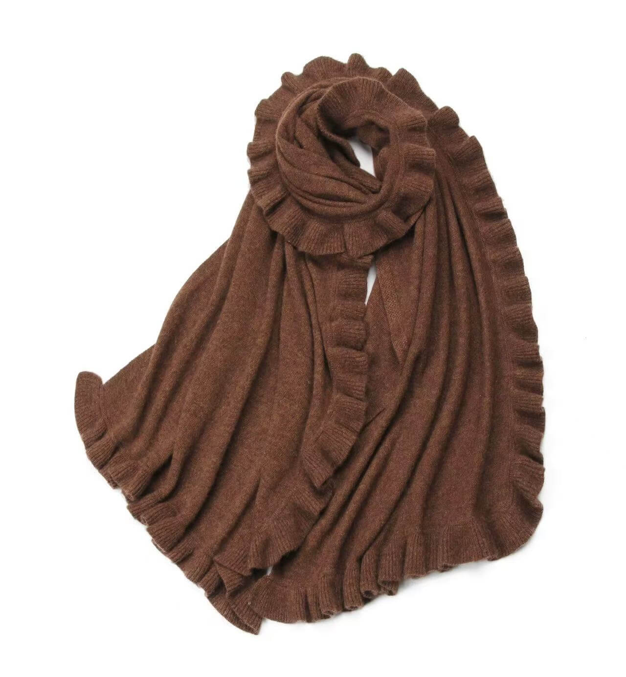 100% Cashmere Ruffle Knit Scarf – Soft, Warm and Elegant Winter Accessory in brown color