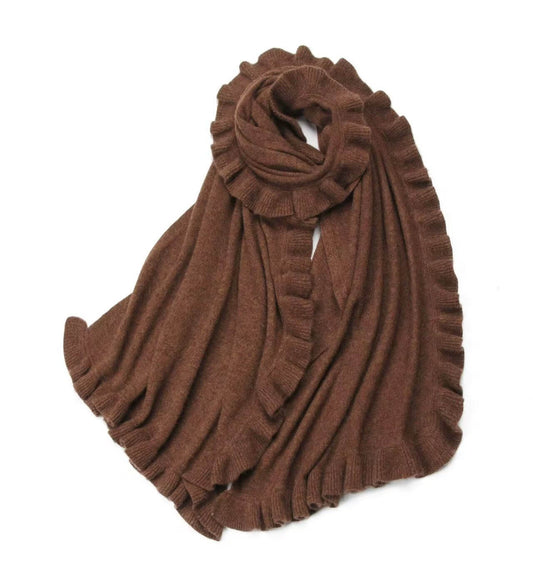 100% Cashmere Ruffle Knit Scarf – Soft, Warm and Elegant Winter Accessory in brown color