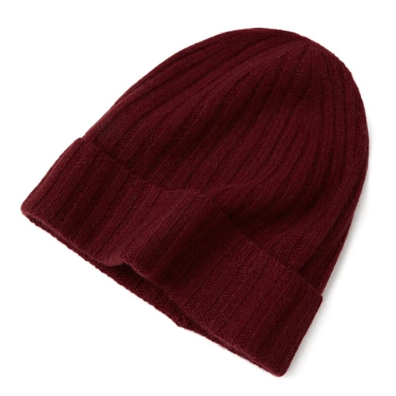 Burgundy 100% cashmere ribbed beanie, luxury soft cashmere hat perfect for fall and winter outfits.
