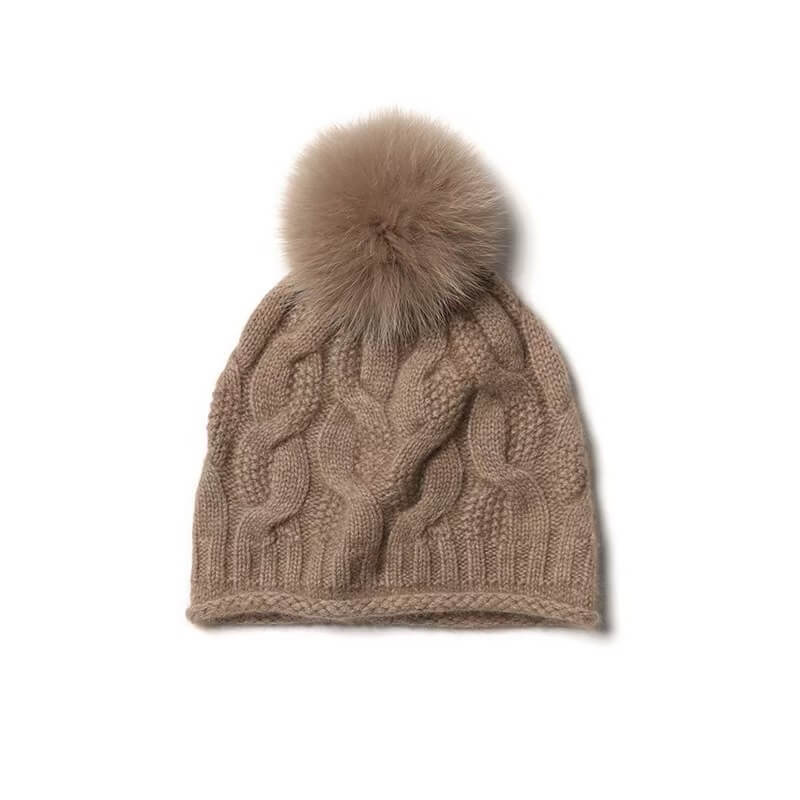 women' s cashmere cable knit pom pom beanie hat in camel