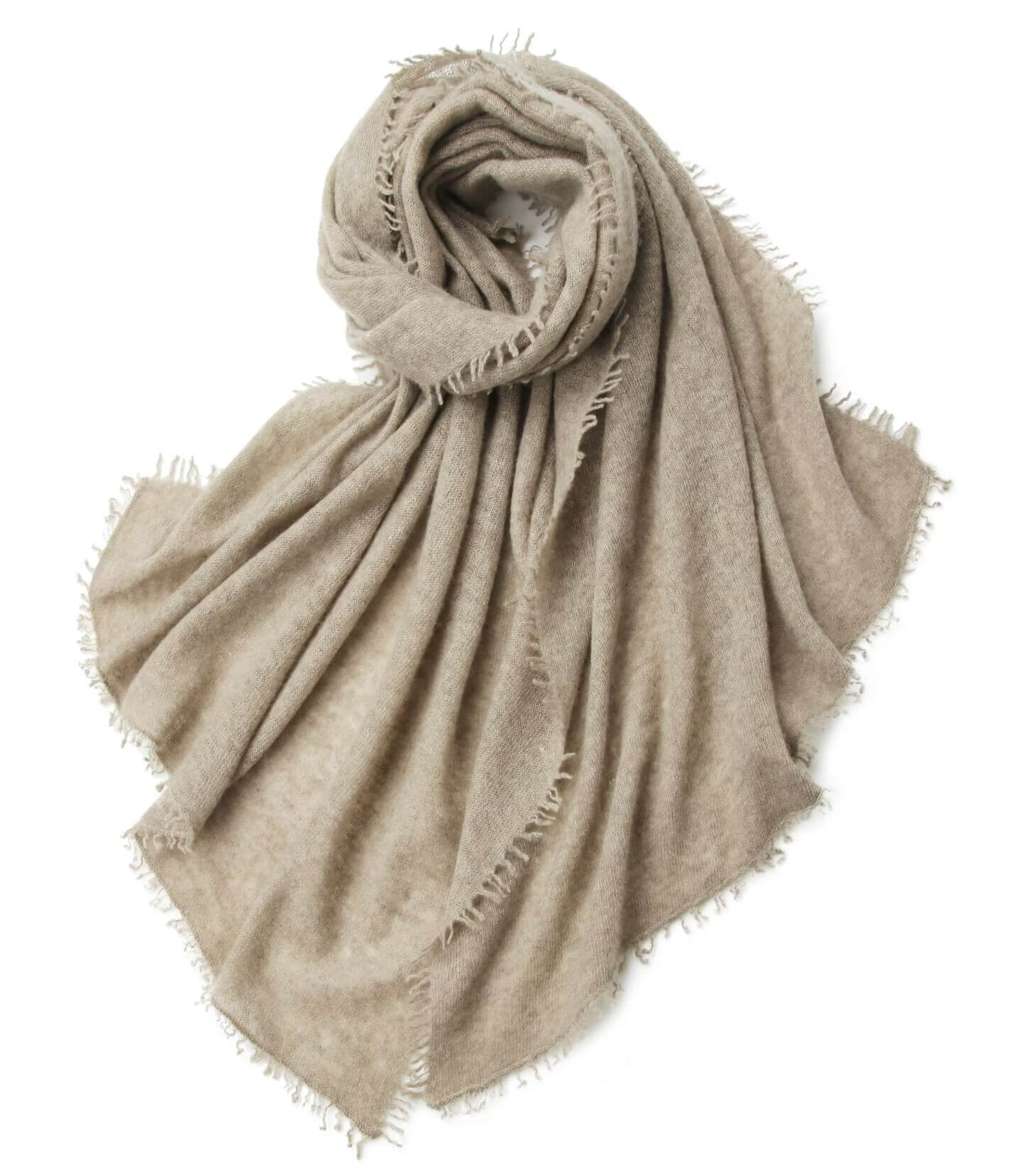 100% Cashmere Lightweight Knit Scarf with Hand-Twisted Fringes in camel 