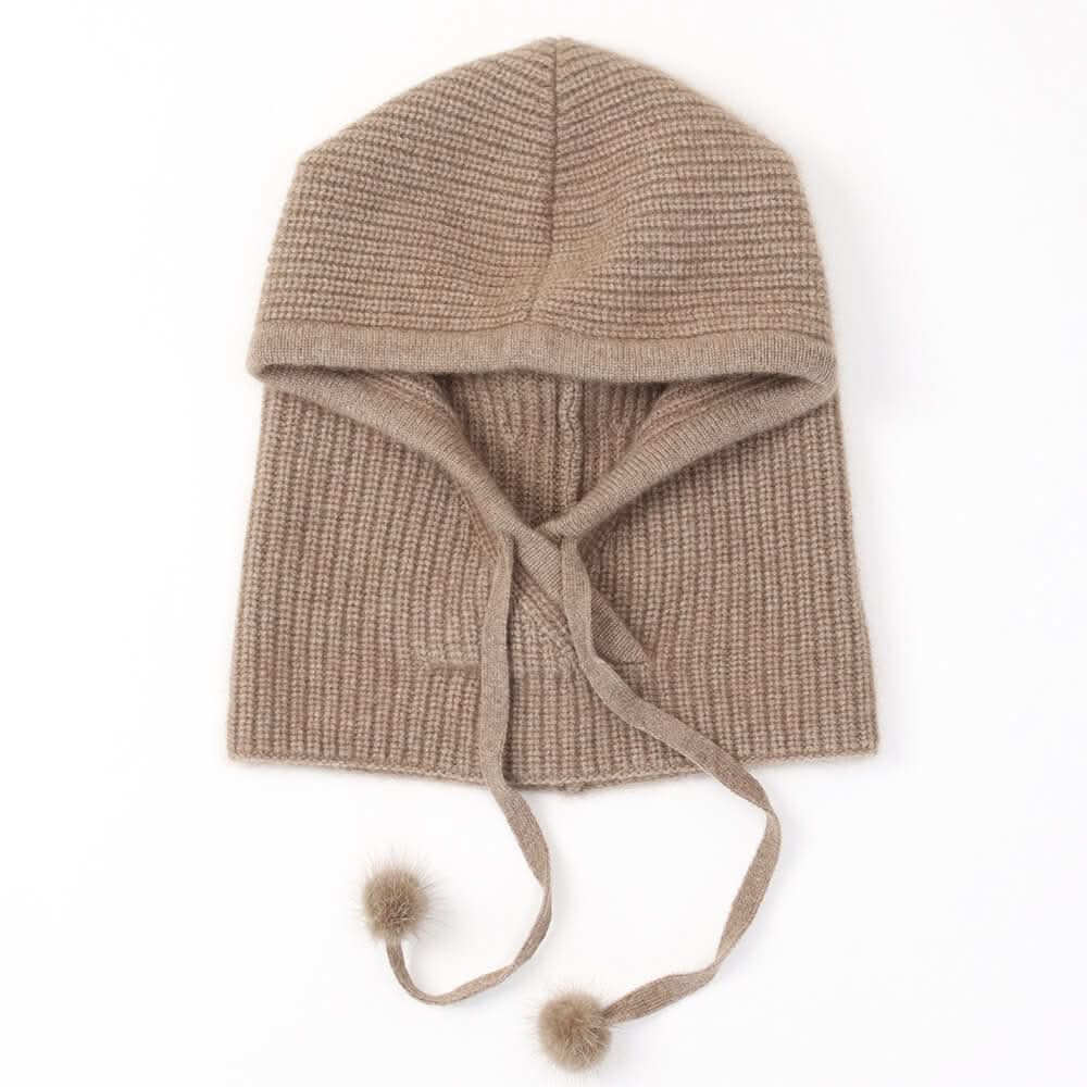 Women's cashmere ribbed Hoodied Balaclava hats in camel color,cashmere travel and ski essentials