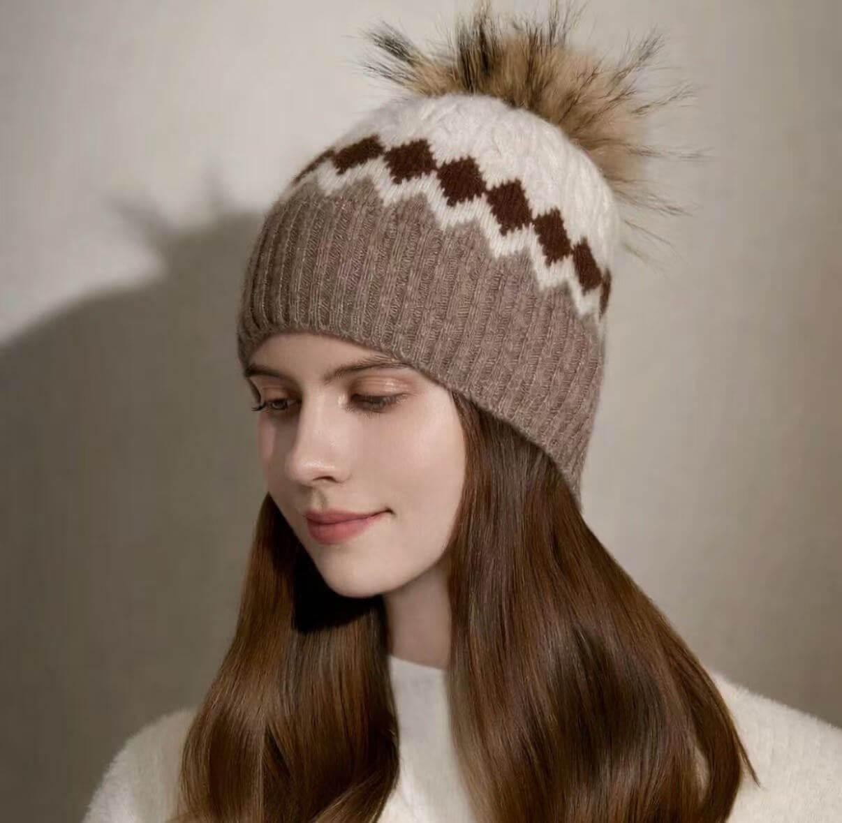 Luxury Fair Isle Cashmere Beanie Hat with Pom Pom – 100% Cashmere Winter Knit Hat in camel color 