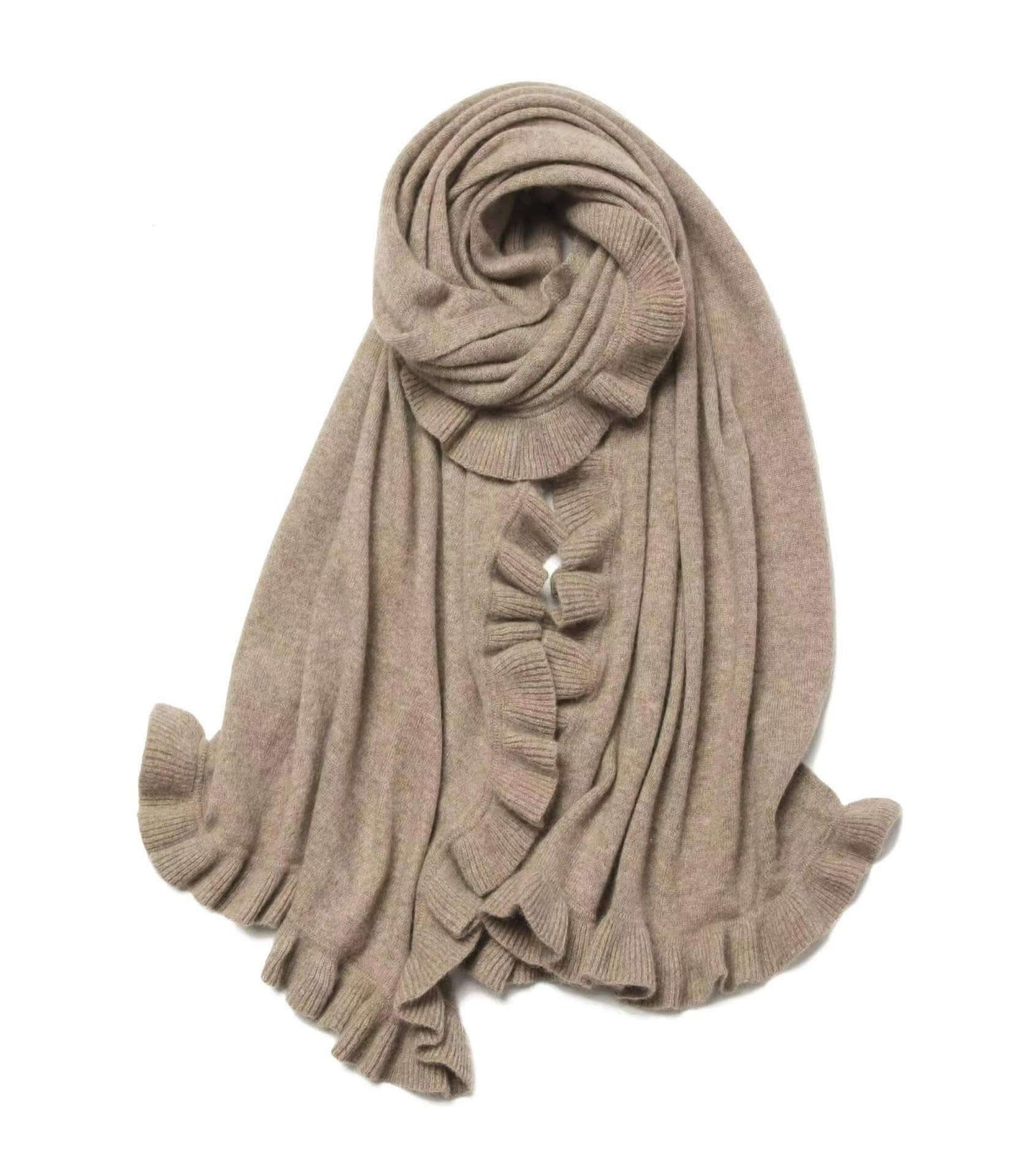 Women's cashmere scarf with Ruffles in camel color