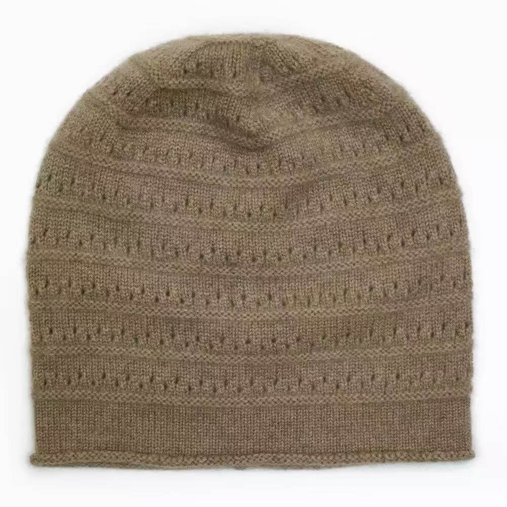 camel pure cashmere lightweight eyelet knit beanie for women