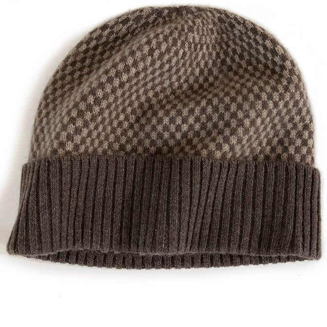 Brown and camel checkerboard knit cashmere beanie