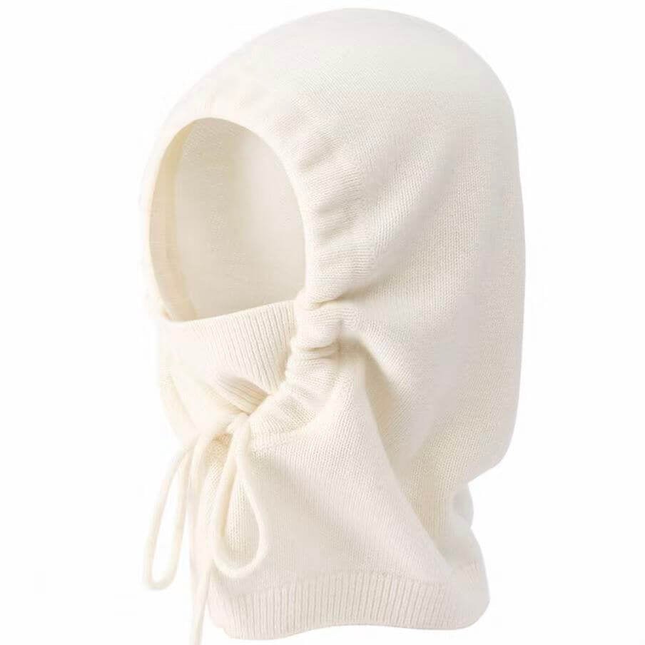 Premium cashmere balaclava hoodie hat with drawstring and ribbed mask design for cold weather.
