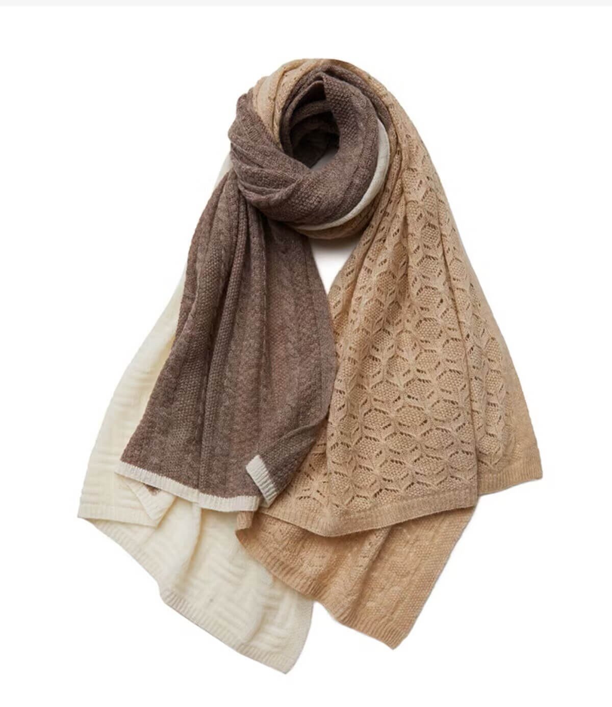 Tri-color cashmere-wool scarf wrap in beige, taupe and ivory color blocks, flat lay
