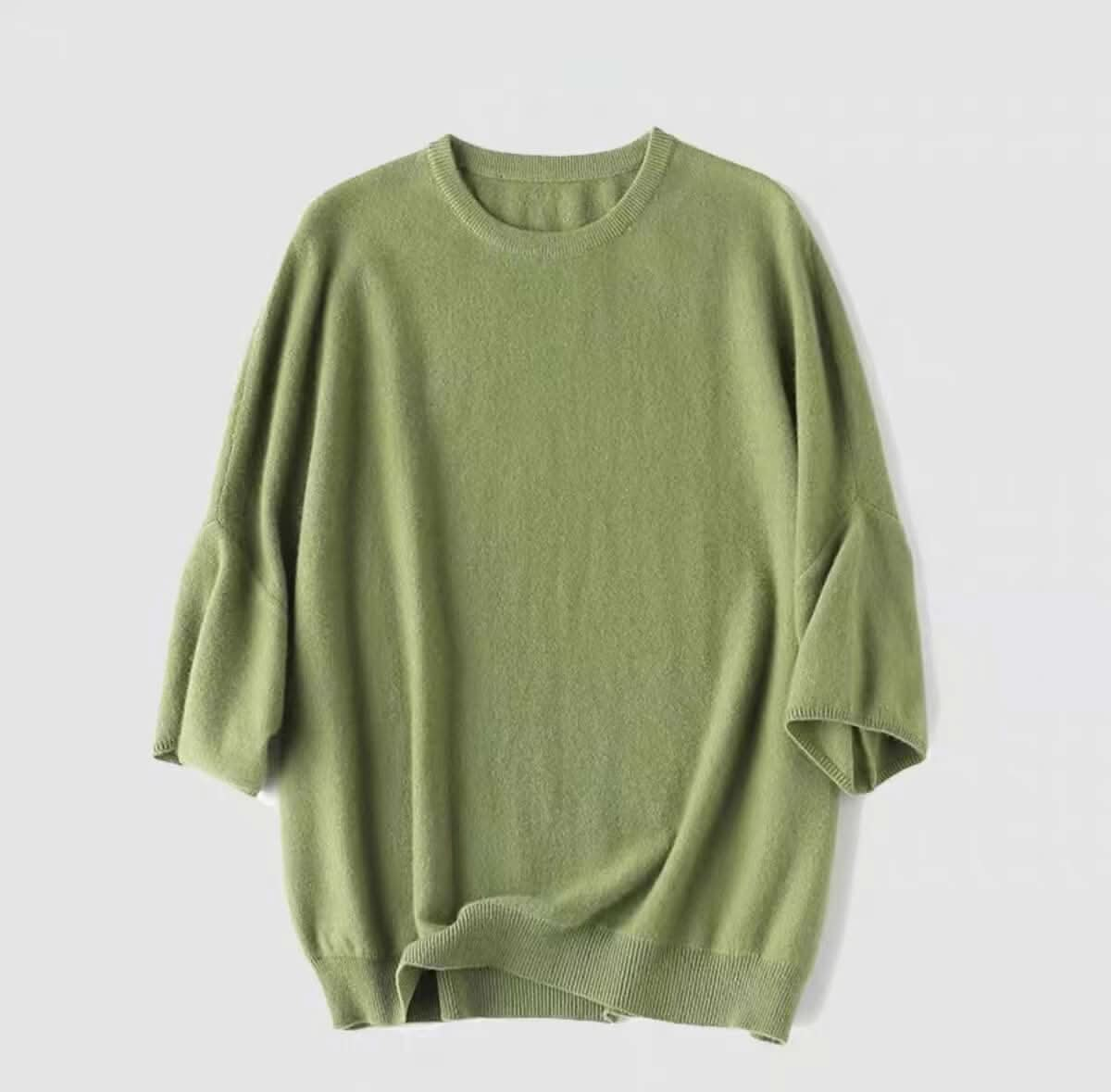 women's pure cashmere crew neck T shirt sweater in green color