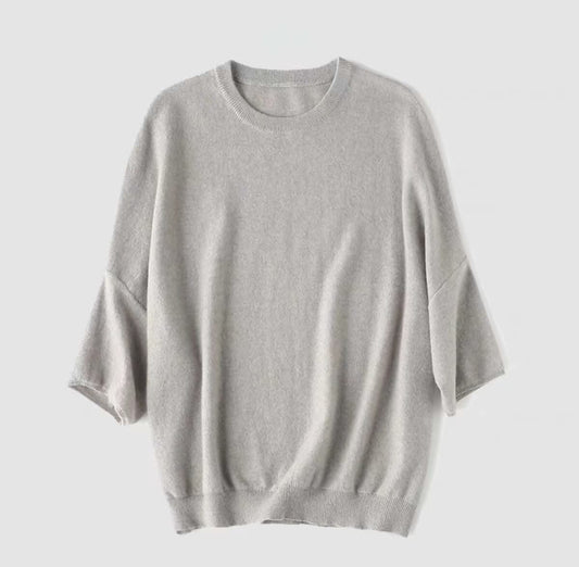 women's pure cashmere crew neck T shirt sweater in grey color